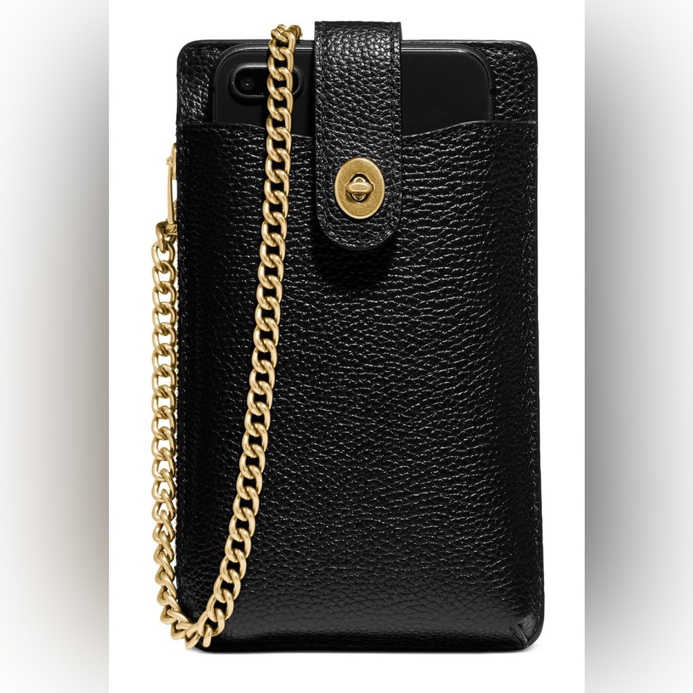 COACH, Polished Pebble Leather Phone Crossbody, Black, NWT